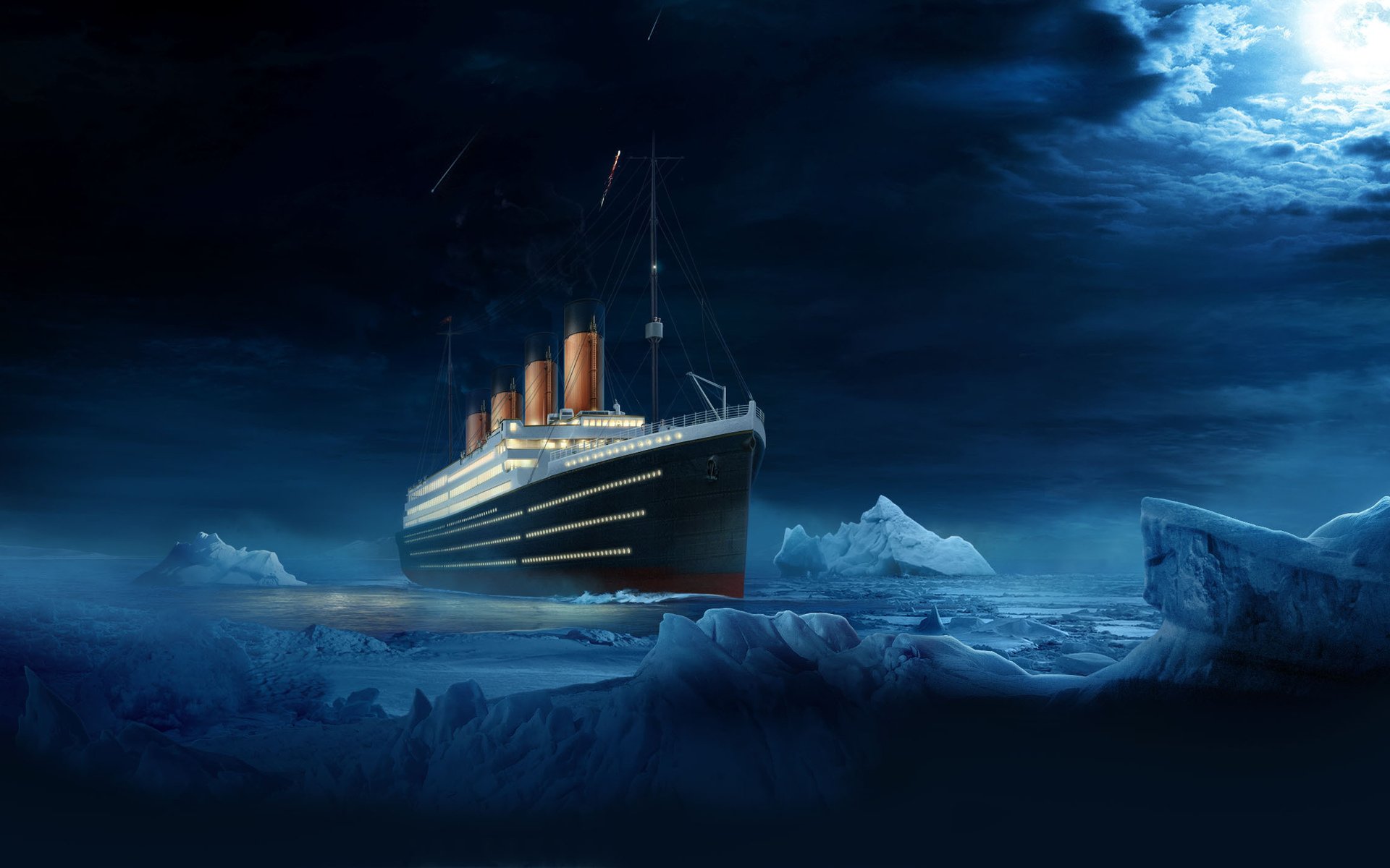 ship, Sea, Night, Moon, Iceberg, Titanic, Digital art Wallpaper