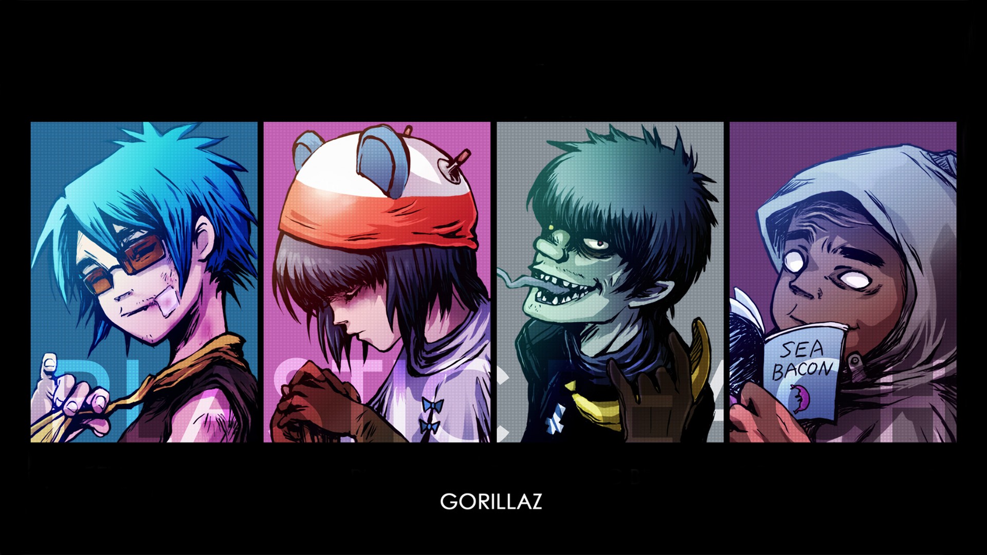 Gorillaz, Noodle, Murdoc, 2D, Russel, Simple background, Love Wallpaper