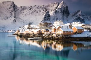sea, Mountains, Snow, House, Town, Reflection, Lofoten Islands, Norway, HDR