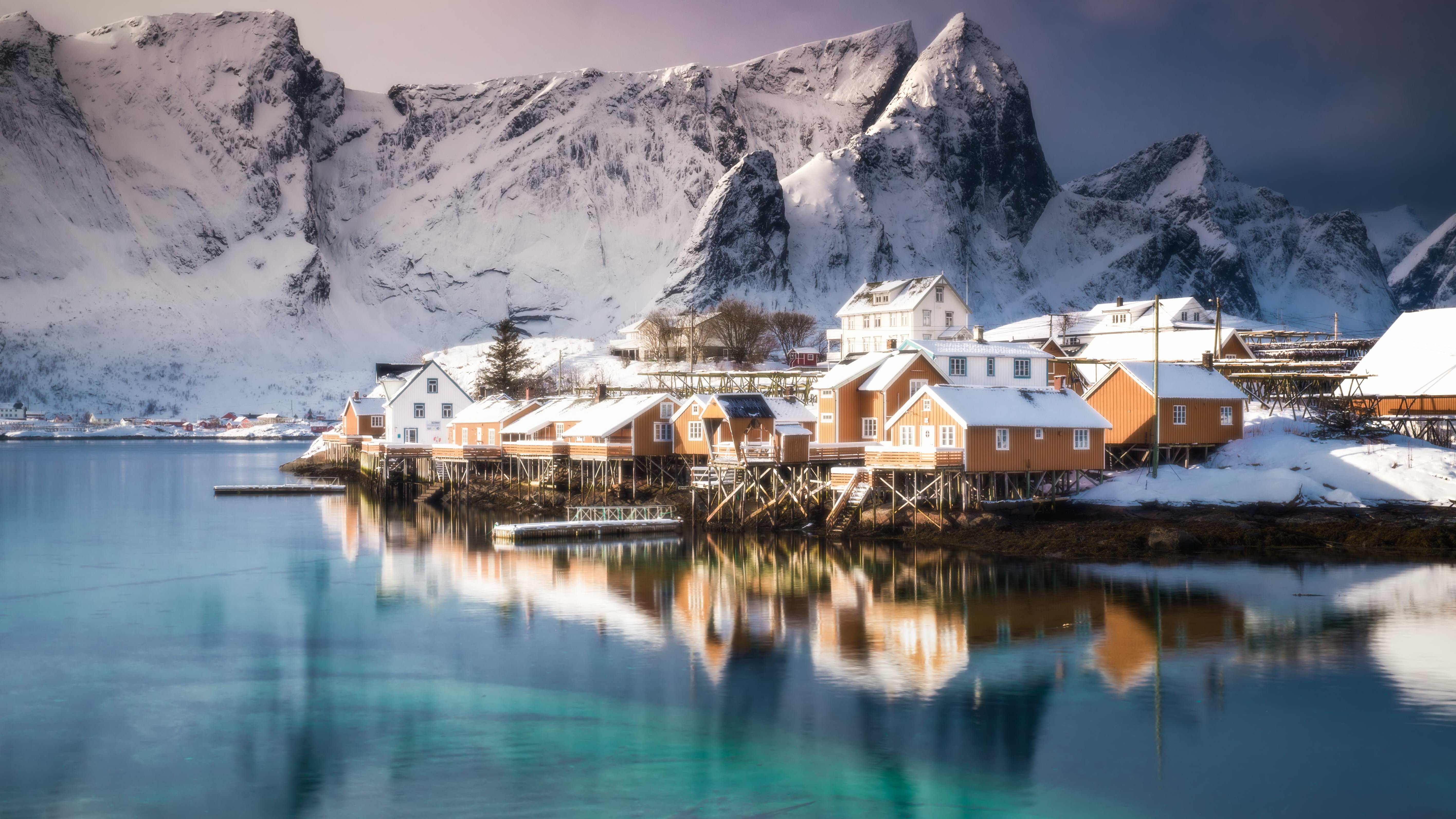 sea, Mountains, Snow, House, Town, Reflection, Lofoten Islands, Norway, HDR Wallpaper