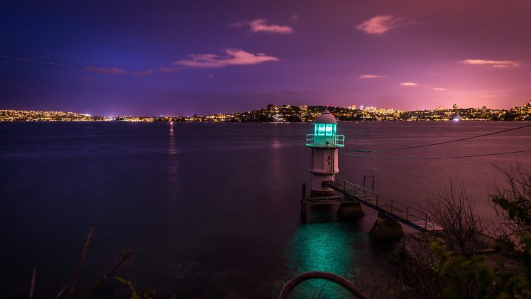 water, Lighthouse, Dusk, City, Lights HD Wallpaper Desktop Background