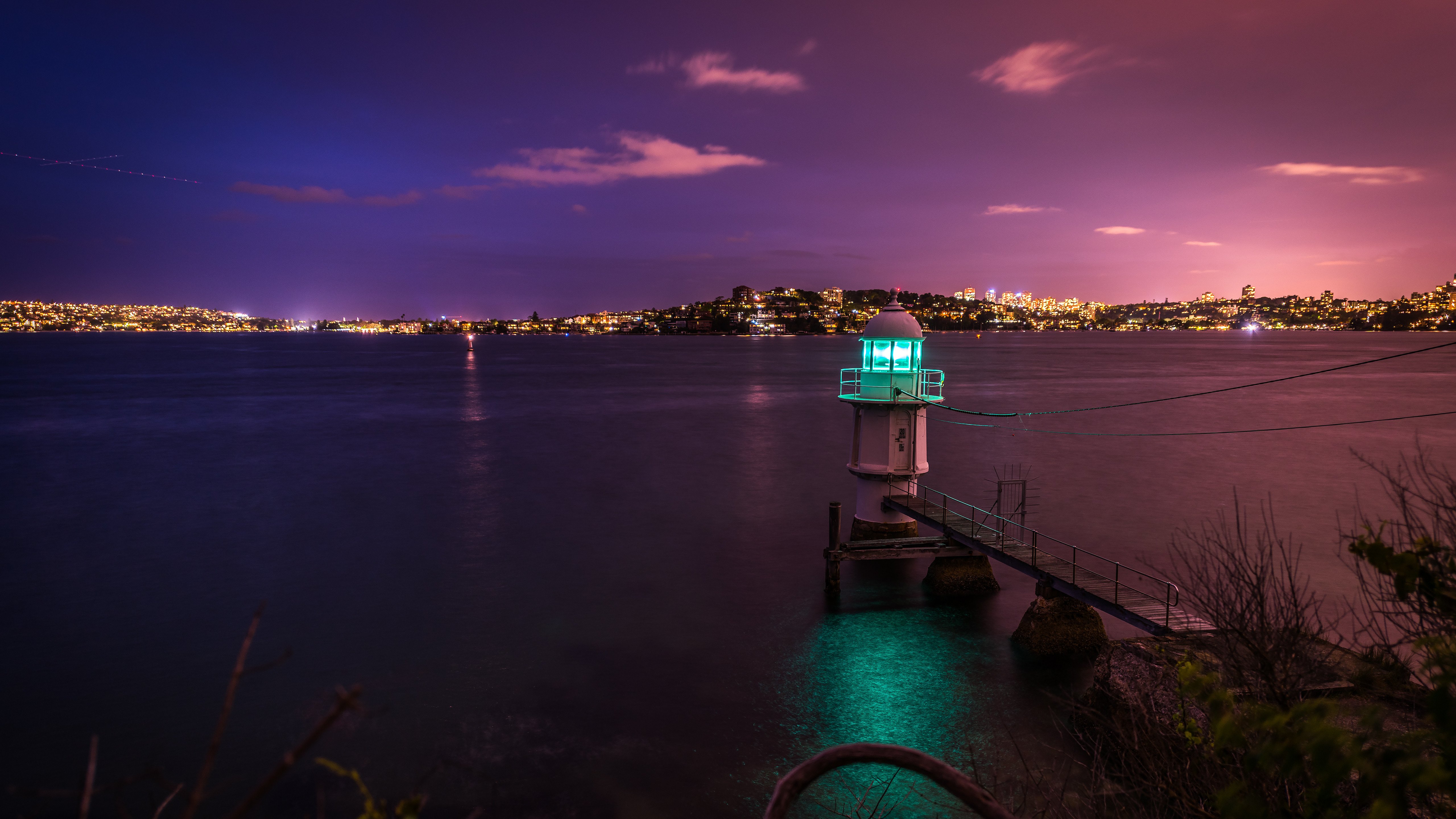 water, Lighthouse, Dusk, City, Lights Wallpaper