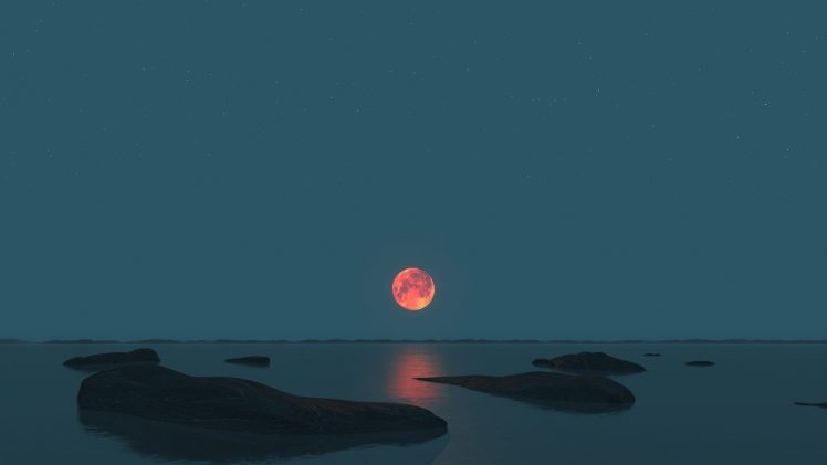 photography, Moonlight, Moon, Rock, Sea, Horizon HD Wallpaper Desktop Background
