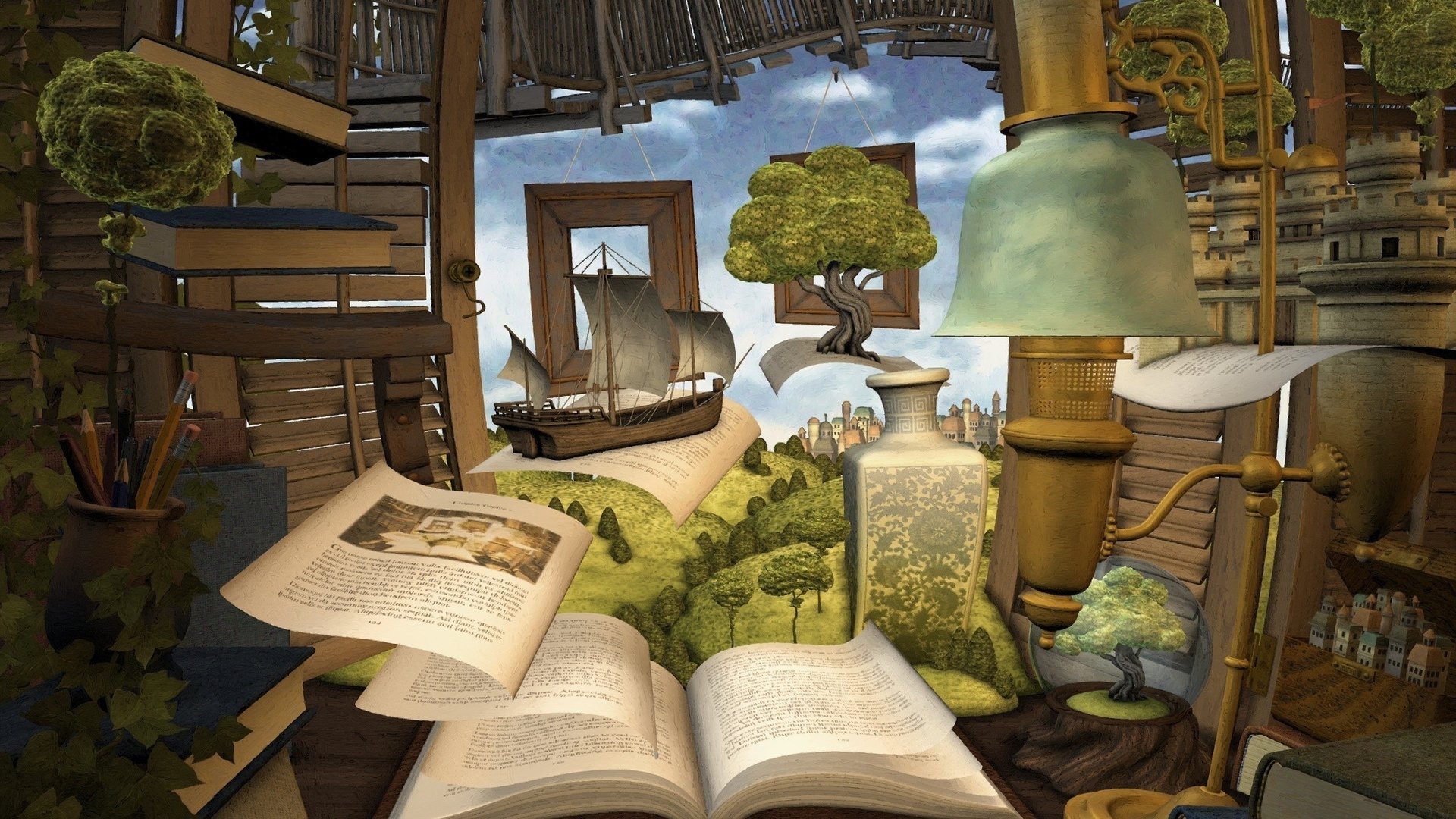 interior, Books, Model ship, Window, Sky, Clouds, Digital art Wallpaper