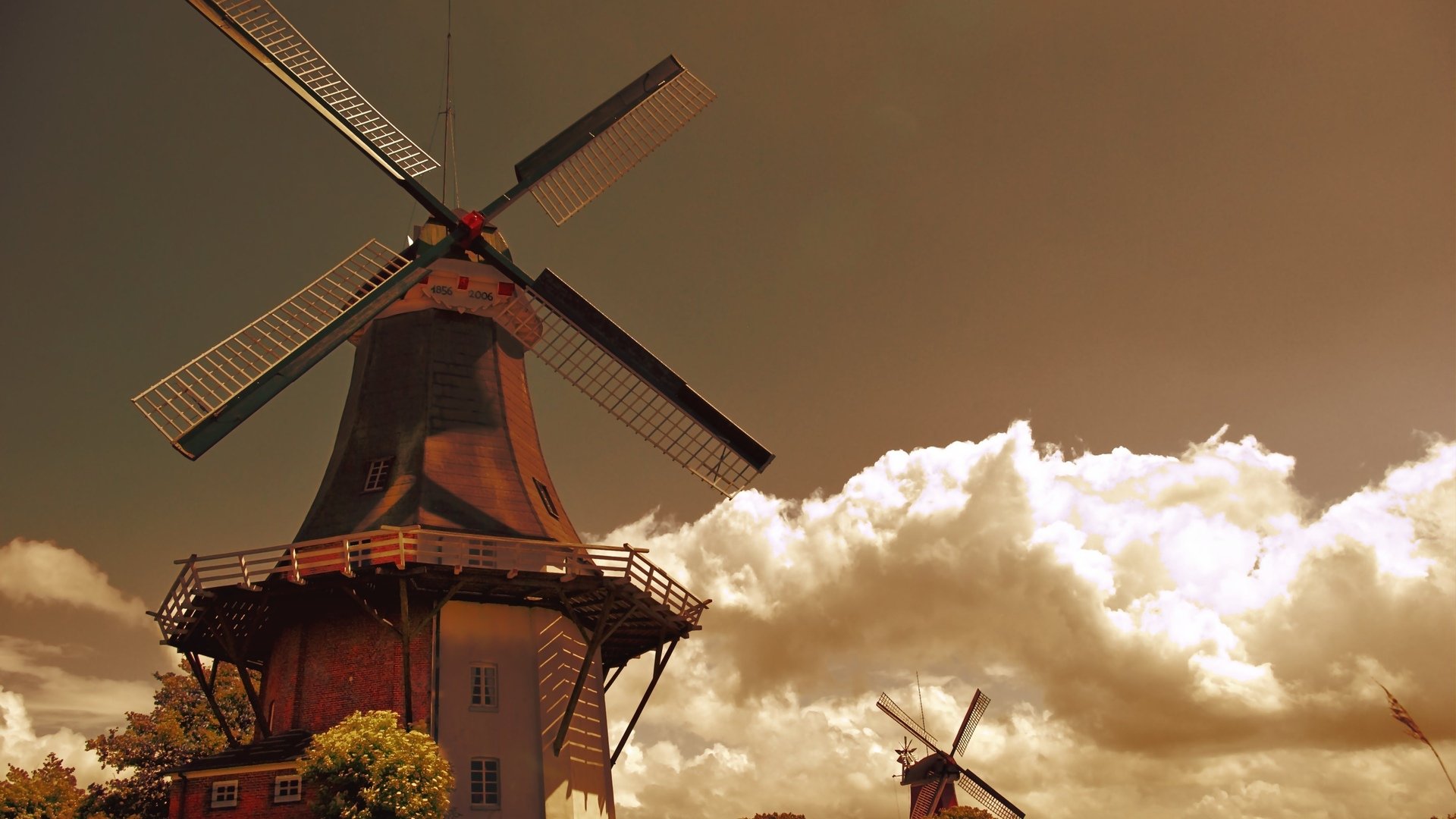 windmill, Clouds, Trees, Netherlands, Landscape Wallpaper