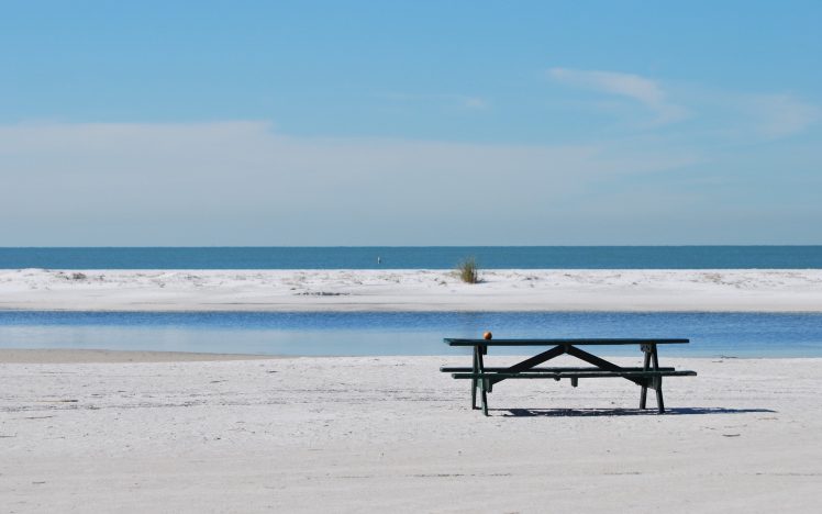 beach, Sea, Bench, Horizon, Landscape HD Wallpaper Desktop Background