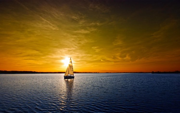 landscape, Shore, Sunset, Sailing ship, Boat, Pacific Ocean HD Wallpaper Desktop Background