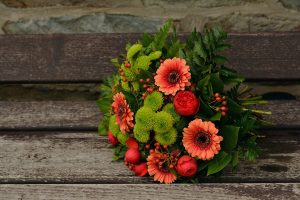 gerbera, Flowers, Bouquet, Leaves, Wooden surface