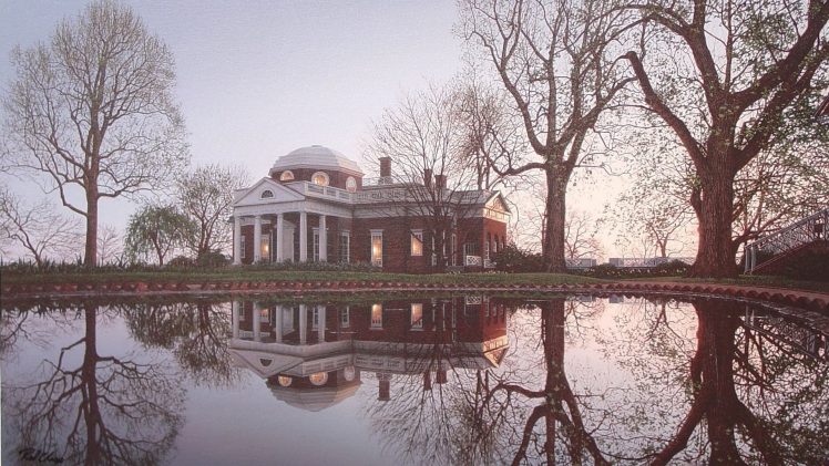 Jefferson monticello, Virginia, USA, Old building, Water, Reflection, Trees, Architecture HD Wallpaper Desktop Background