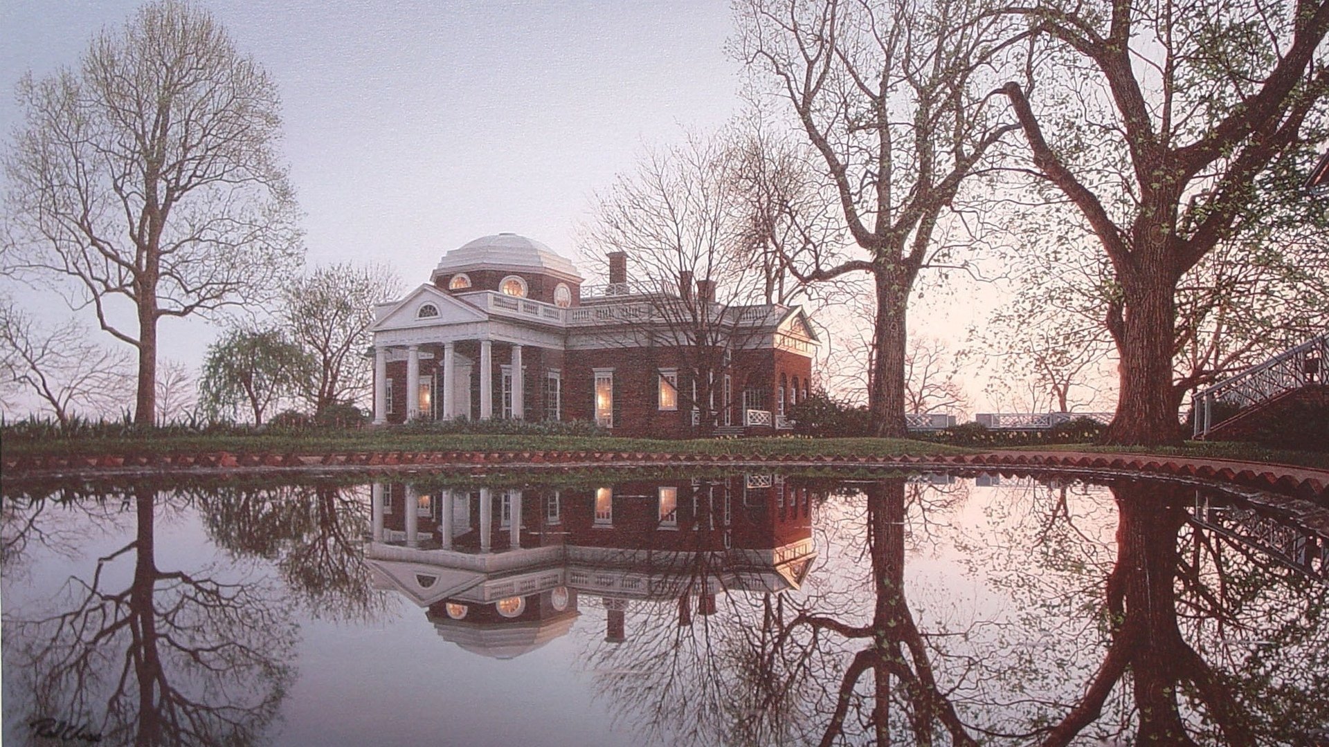 Jefferson monticello, Virginia, USA, Old building, Water, Reflection, Trees, Architecture Wallpaper