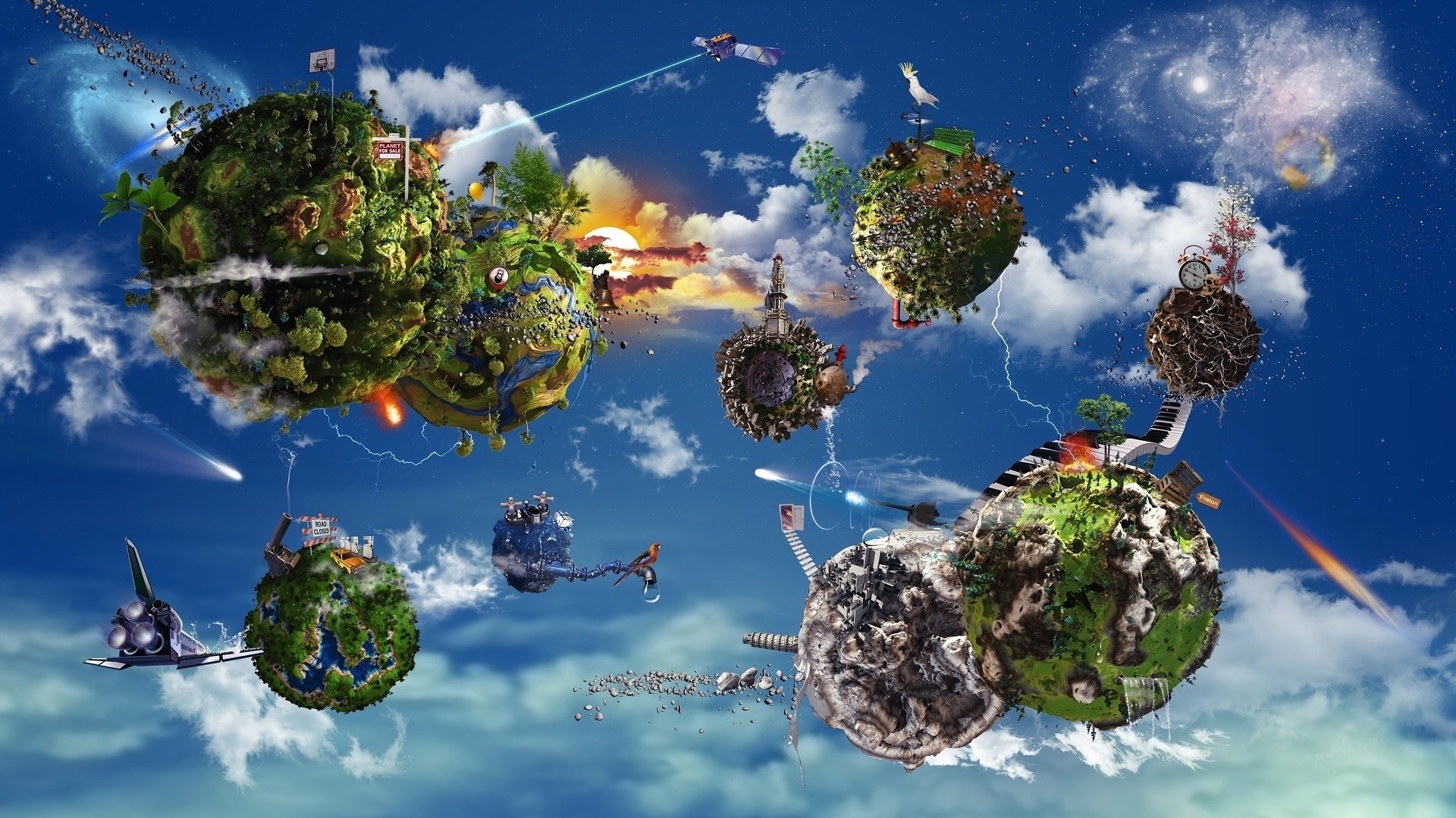 spaceship, Planet, Satellite, Sky, Clouds, Digital art, Photo manipulation, Comet Wallpaper