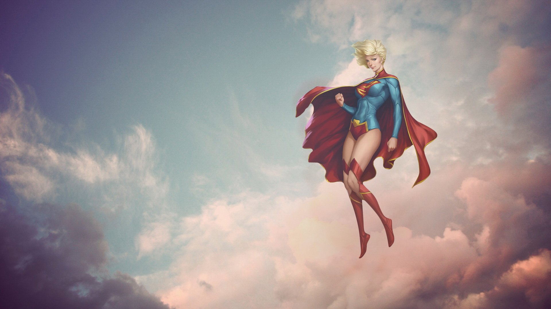 women, Blonde, Artgerm, Supergirl, Fantasy art, Sky, Clouds, Cape, Superhero, DC Comics, Superheroines Wallpaper