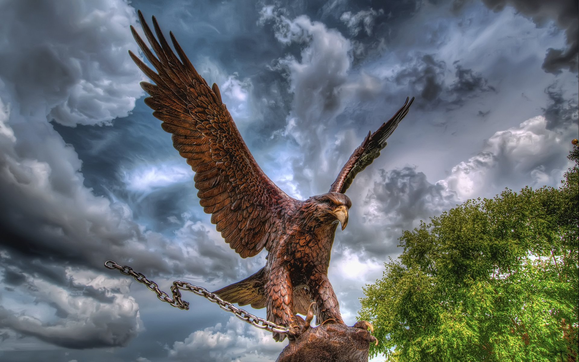sky, Eagle, Sculpture, Chains, Trees, Clouds, Photo manipulation, HDR Wallpaper