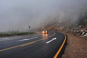 road, Car, Headlights, Mist, Landscape