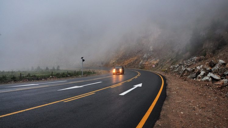 road, Car, Headlights, Mist, Landscape HD Wallpaper Desktop Background