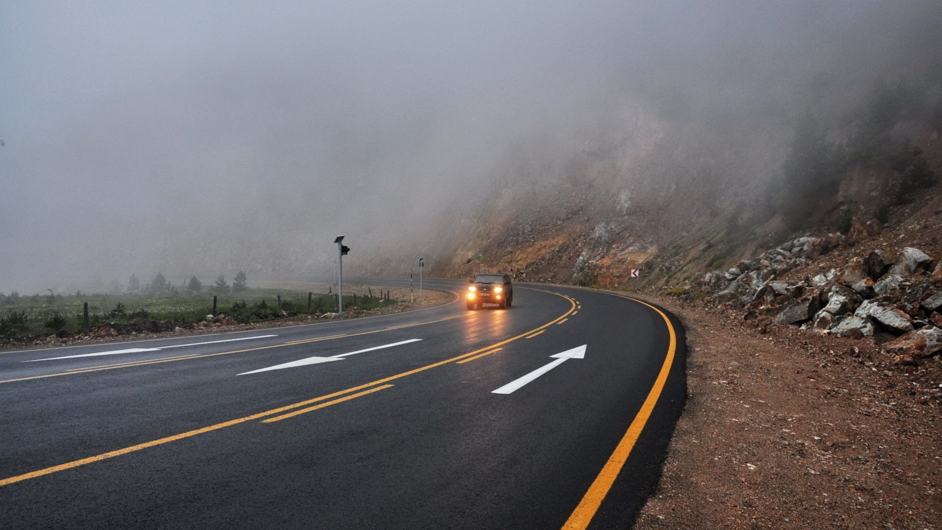 road, Car, Headlights, Mist, Landscape Wallpaper