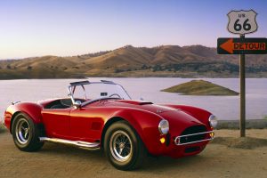 car, Road sign, Hills, Lake, Route 66, Roadster