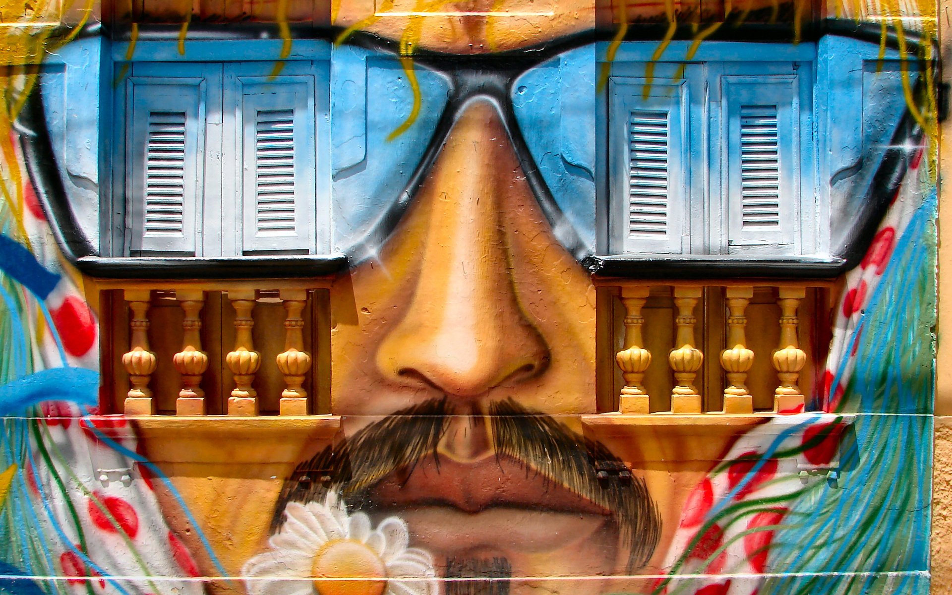 men, Nose, Mustache, House, Graffiti, Flowers, Window Wallpaper