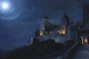 architecture, Castle, Ancient, Tower, Night, Lights, Moon, Clouds, Moonlight, Digital art