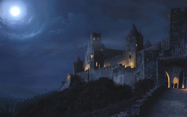 architecture, Castle, Ancient, Tower, Night, Lights, Moon, Clouds, Moonlight, Digital art HD Wallpaper Desktop Background