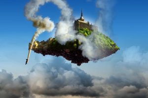 architecture, Ancient, Tower, Clouds, Floating island, Smoke, Plants, Digital art, Building, Cathedral