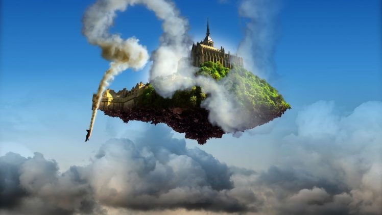 architecture, Ancient, Tower, Clouds, Floating island, Smoke, Plants, Digital art, Building, Cathedral HD Wallpaper Desktop Background