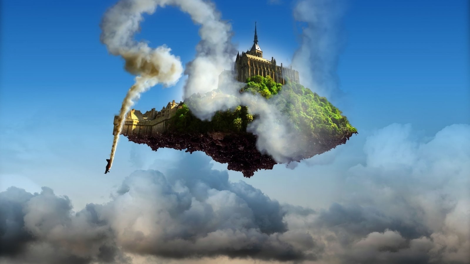 architecture, Ancient, Tower, Clouds, Floating island, Smoke, Plants, Digital art, Building, Cathedral Wallpaper