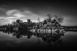 architecture, Castle, Ancient, Tower, Trees, Monochrome, Photography, Ruin, Water, Clouds, Forest, Reflection, Long exposure, Stones