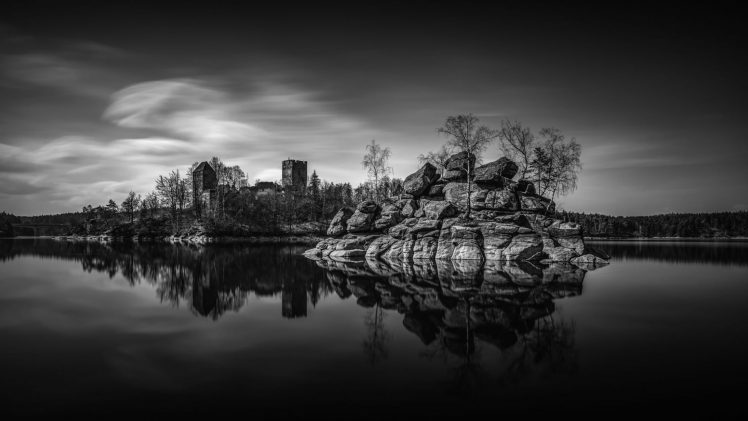 architecture, Castle, Ancient, Tower, Trees, Monochrome, Photography, Ruin, Water, Clouds, Forest, Reflection, Long exposure, Stones HD Wallpaper Desktop Background
