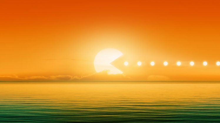 Pacman, Sea, Sun, Abstract, Clouds, Digital art, Video games HD Wallpaper Desktop Background
