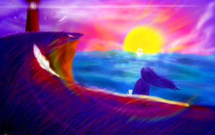 artwork, Sun, Sea, Cat, Lighthouse, Digital art, Feathers, Windy, Boat HD Wallpaper Desktop Background