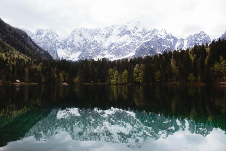 nature, Water, Snow, Trees, Mountains, Lake, Reflection, Snowy peak, Landscape HD Wallpaper Desktop Background