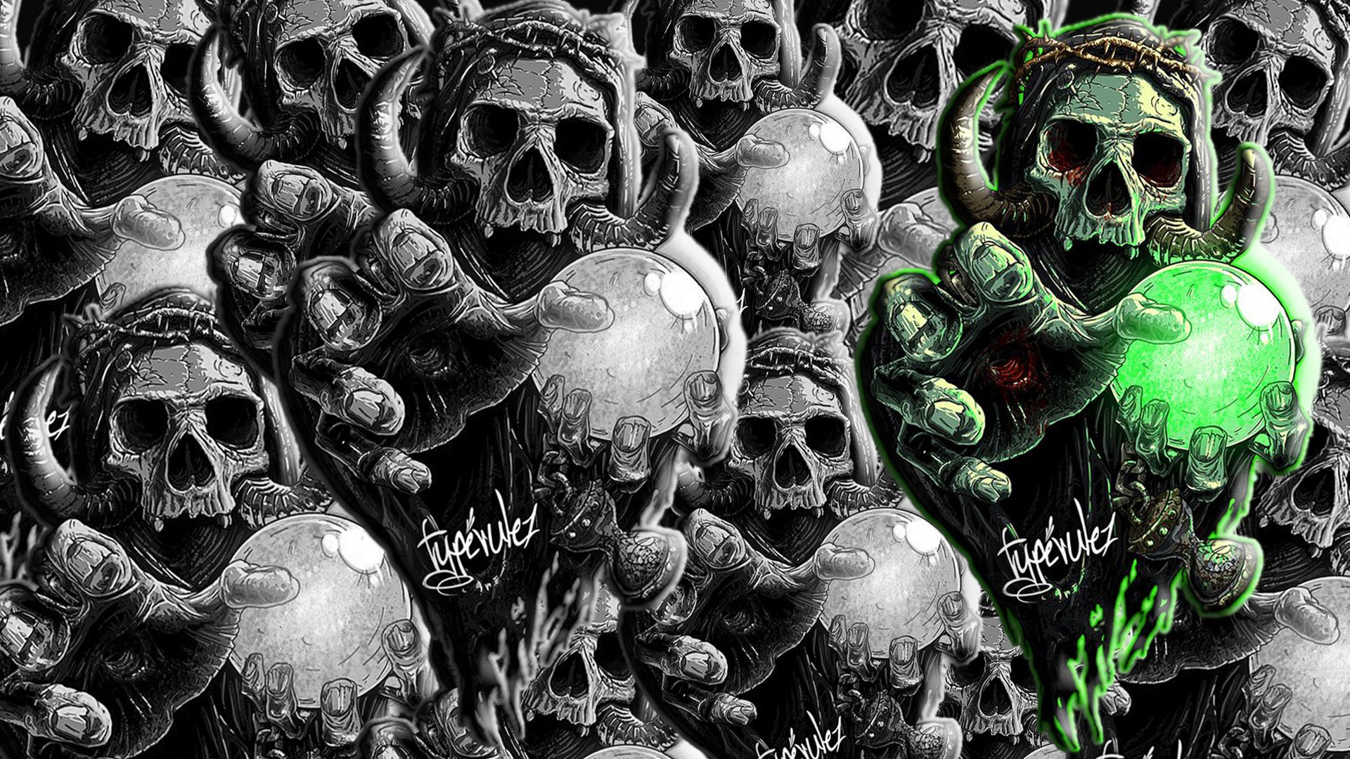 hands, Skull, Green, Horns, Ball, Magic, Thorns, Monochrome Wallpaper