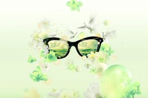 glasses, Landscape, Reflection, Birds, Butterfly, Flowers, Digital art, Photo manipulation
