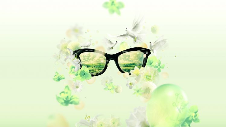 glasses, Landscape, Reflection, Birds, Butterfly, Flowers, Digital art, Photo manipulation HD Wallpaper Desktop Background