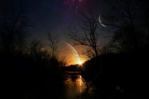 landscape, Sunset, Planet, Moon, Forest, Digital art, Photo manipulation
