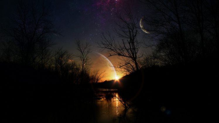 landscape, Sunset, Planet, Moon, Forest, Digital art, Photo manipulation HD Wallpaper Desktop Background
