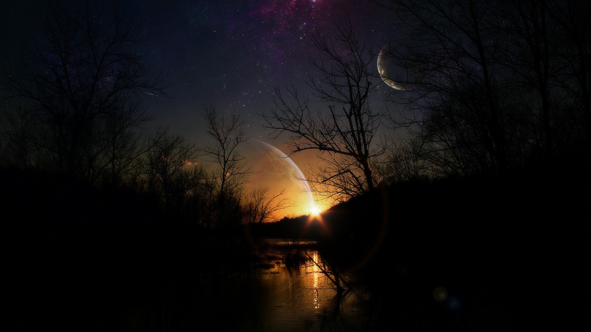 landscape, Sunset, Planet, Moon, Forest, Digital art, Photo manipulation Wallpaper