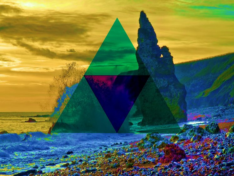 triangle, Minimalism, Beach, Rock, Landscape,   landscape, Sea, Bay, Saturation HD Wallpaper Desktop Background