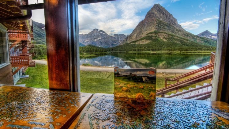 mountains, Window, Landscape, River, Puzzles, Digital art, Photo manipulation, HDR HD Wallpaper Desktop Background