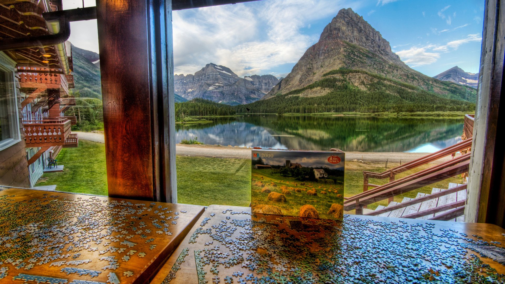 mountains, Window, Landscape, River, Puzzles, Digital art, Photo manipulation, HDR Wallpaper