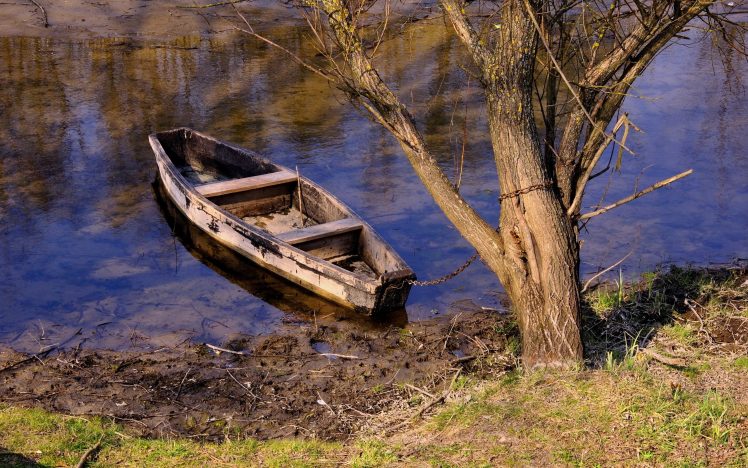 river, Boat, Trees, Chains, Reflection, Water HD Wallpaper Desktop Background