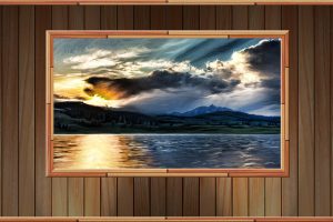 wall, Planks, Wooden surface, Painting, Sea, Mountains, Sunset, Landscape