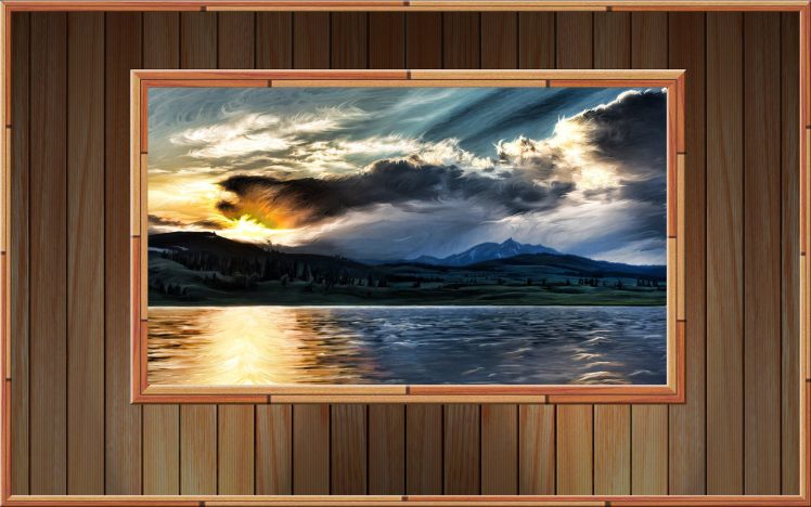 wall, Planks, Wooden surface, Painting, Sea, Mountains, Sunset, Landscape HD Wallpaper Desktop Background
