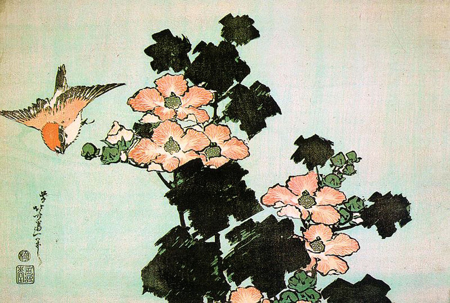 Hokusai, Birds, Flowers Wallpaper
