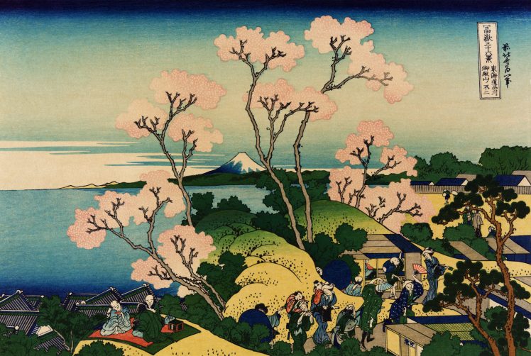 Hokusai, Japan, Ink, Cherry blossom, Mount Fuji HD Wallpaper Desktop Background