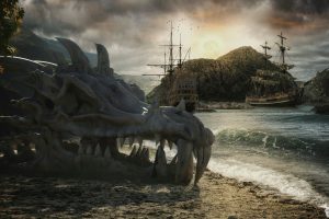pirates, Sailing ship, Fantasy art, Skull, Dragon, Digital art, Sea