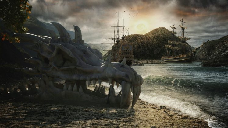 pirates, Sailing ship, Fantasy art, Skull, Dragon, Digital art, Sea HD Wallpaper Desktop Background