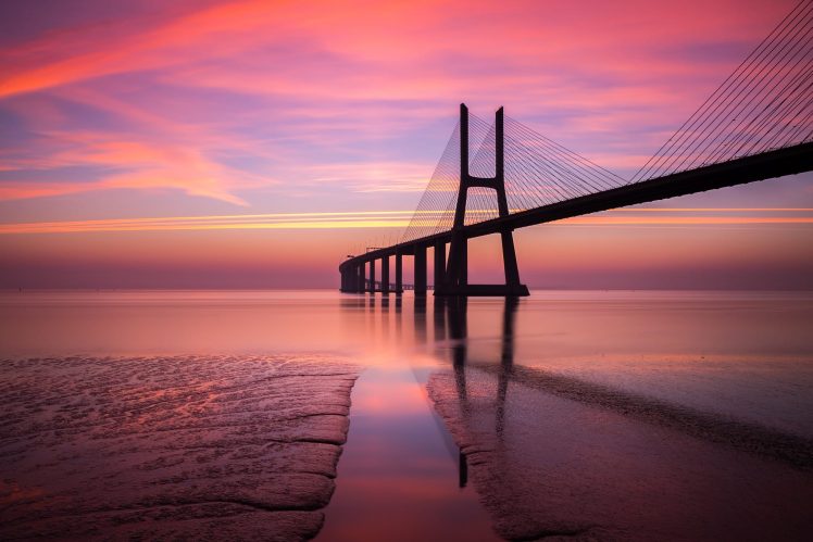 nature, Landscape, Bridge, Pacific Ocean, Sunset, Clouds, Vasco da Gama Bridge HD Wallpaper Desktop Background