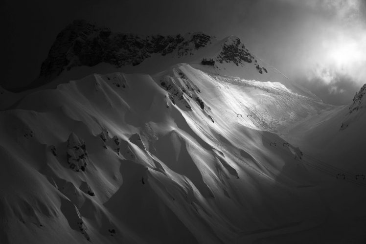 mountains, Monochrome, Snow, Ropeway HD Wallpaper Desktop Background